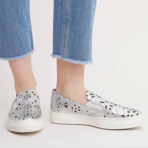 Silver Leather Laser Cut Platform Slip On Sneakers